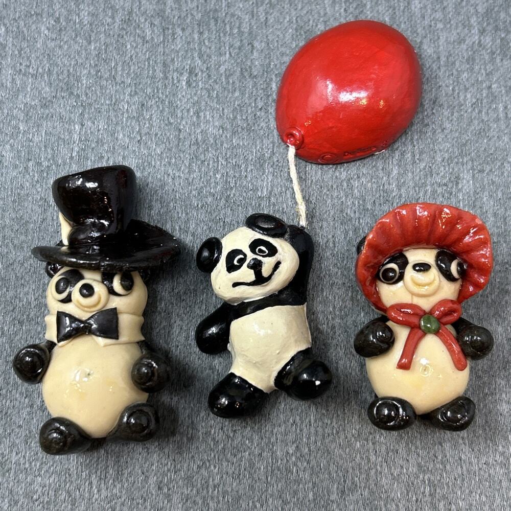 1980s Clay Panda Bear Family Fridge Magnets 3pc Kitsch Mom Dad Baby Balloon